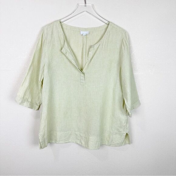 J. Jill Green Linen V-Neck Blouse Top Short Sleeve Large - Picture 1 of 7